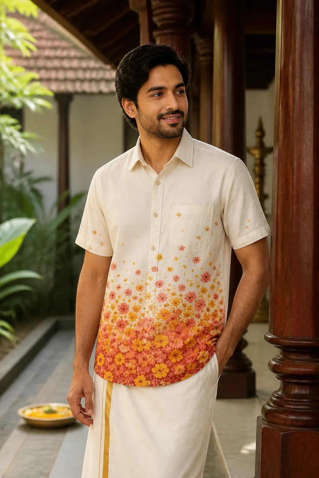 Cream Pookalam Fade Shirt — Onam Floral Print
