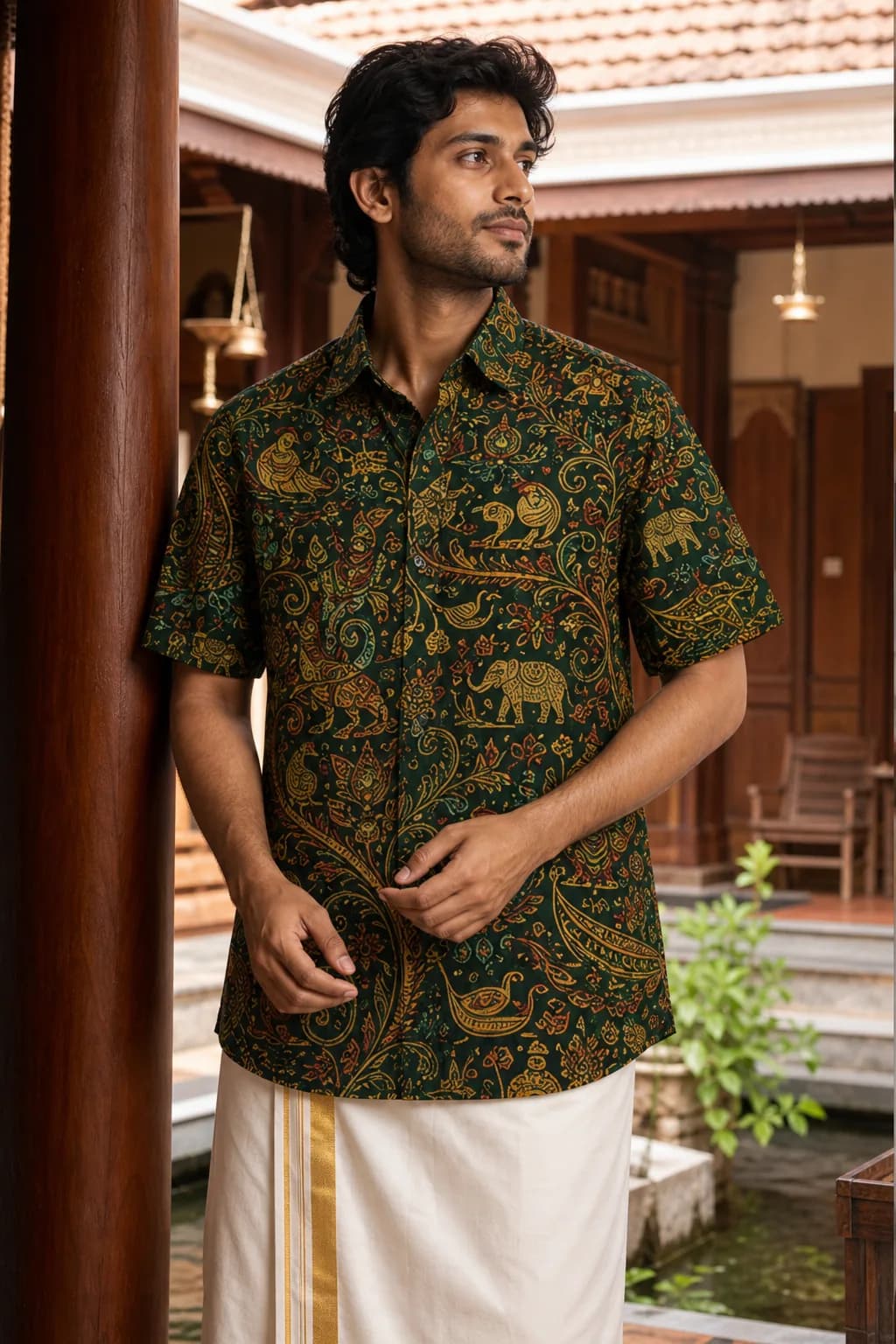 Forest Green Onam Heritage Print Shirt — Elephant & Kathakali Motif